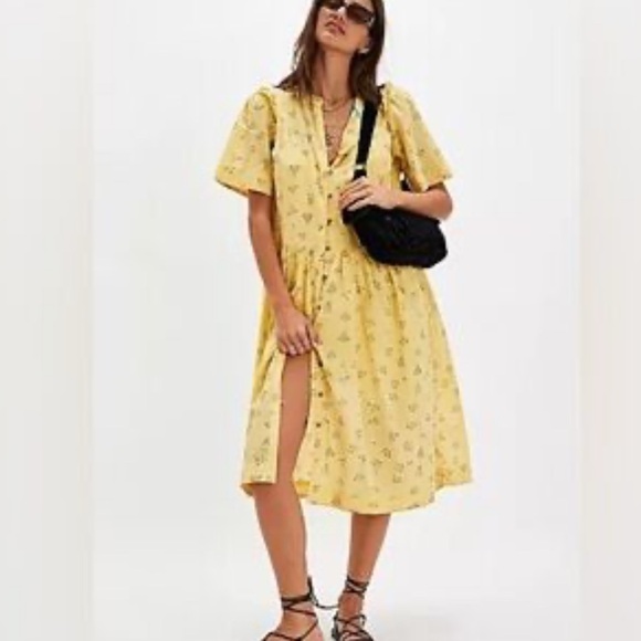 Free People NWT Bella Mae short sleeve yellow midi dress size XL - Picture 1 of 7